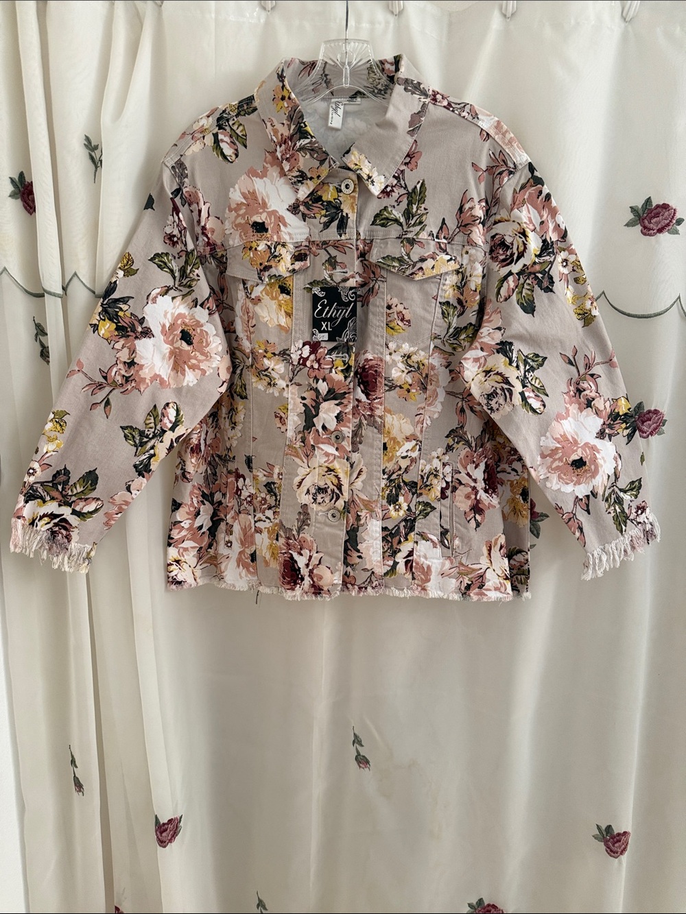 Elyse Floral Jean Jacket in Dusty Pink, Taupe & Green, Frayed Sleeves and Hem